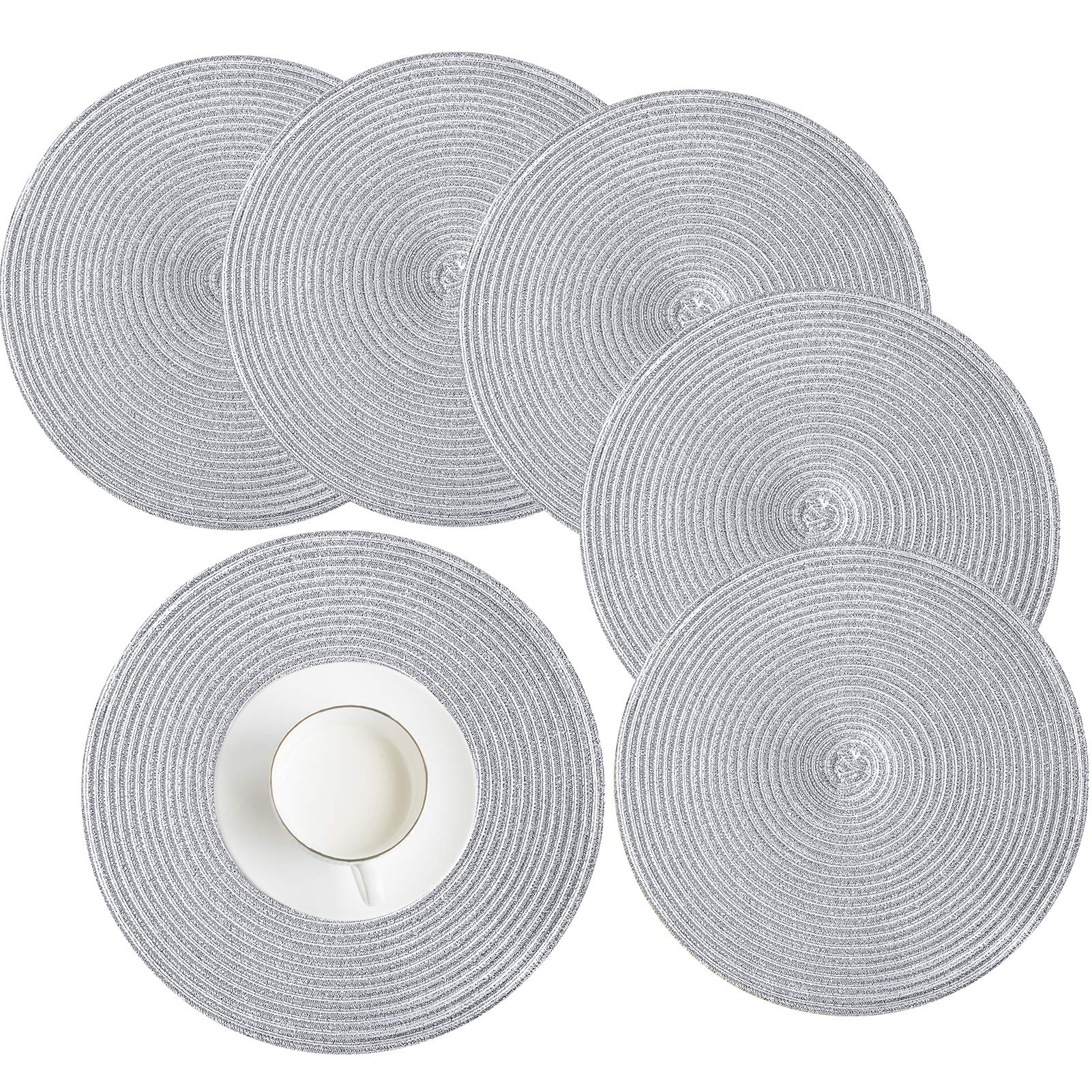 HEYOMART Round Placemats Set of 6 Silver Washable Christmas Placemats 38cm Round Woven Bling Christmas Place Mats Glitter Dinner Table Mats for Holiday, Party, Wedding — image 1