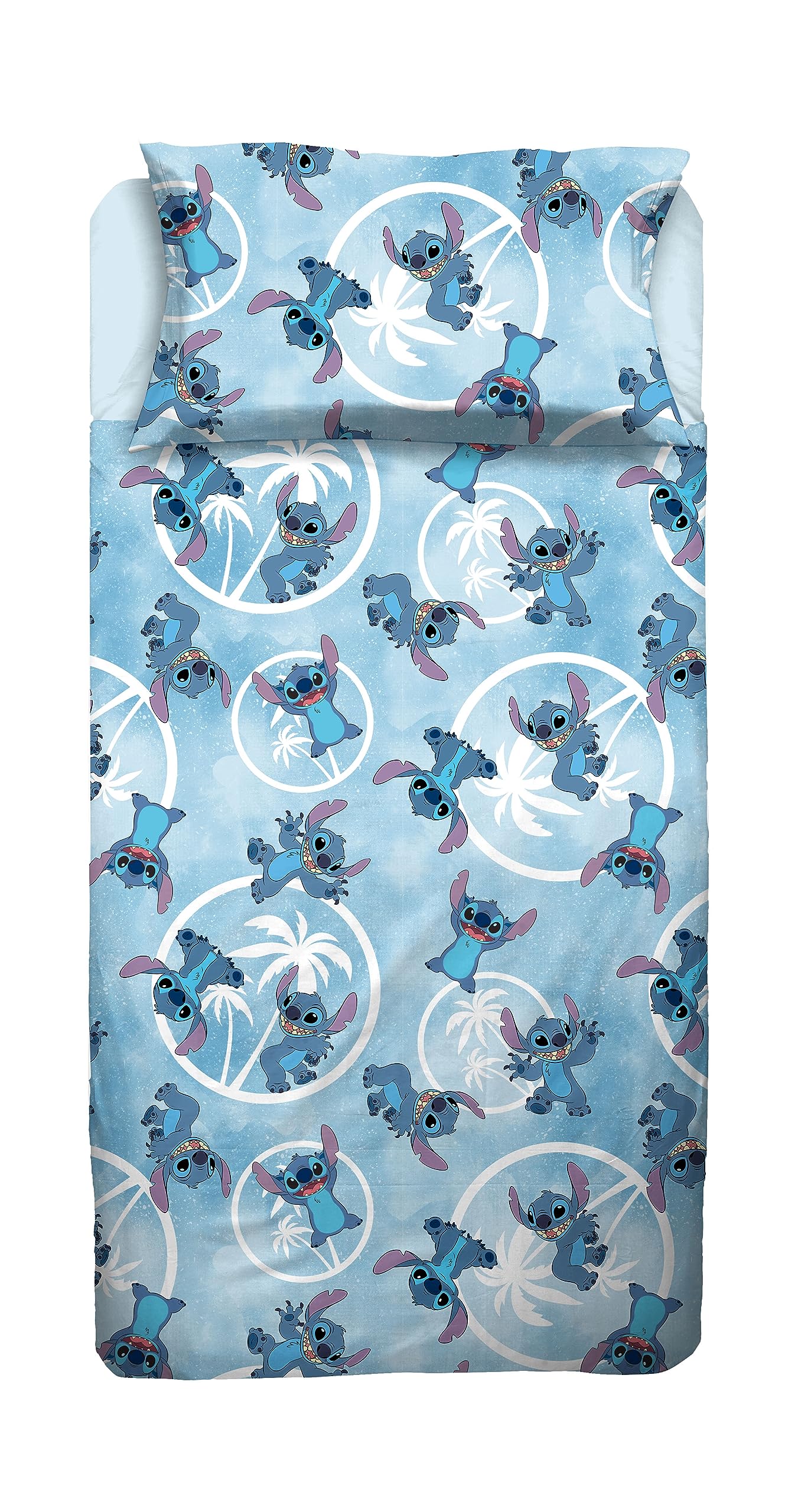Stitch Double Bed Sheet, Complete Bed, Top Sheet, Fitted Sheet, Pillowcase, Blue, Disney, 100% Cotton, Official Product