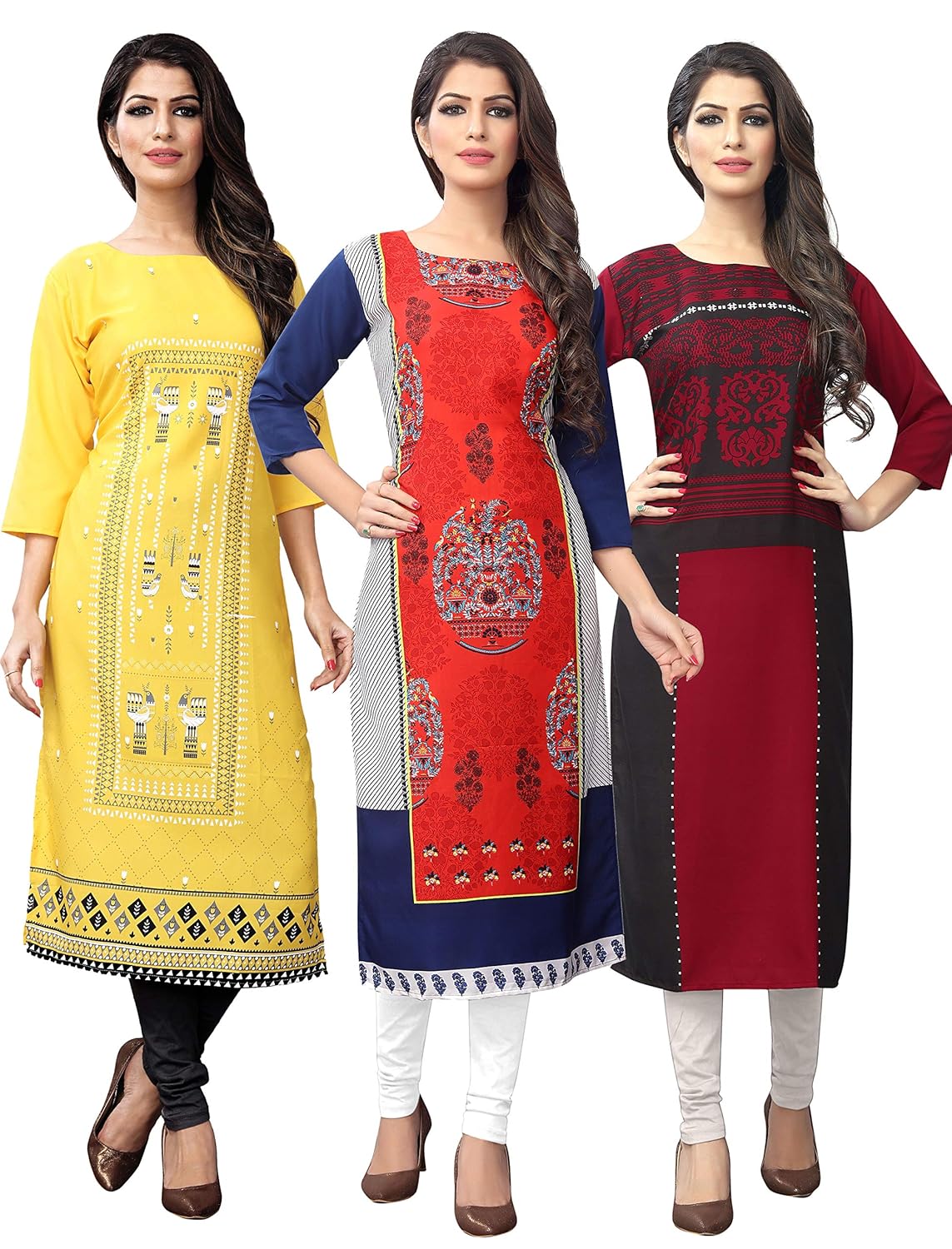 1 stop fashion women's multi-coloured crep knee long w style kurtas/kurti (pack of 3)
