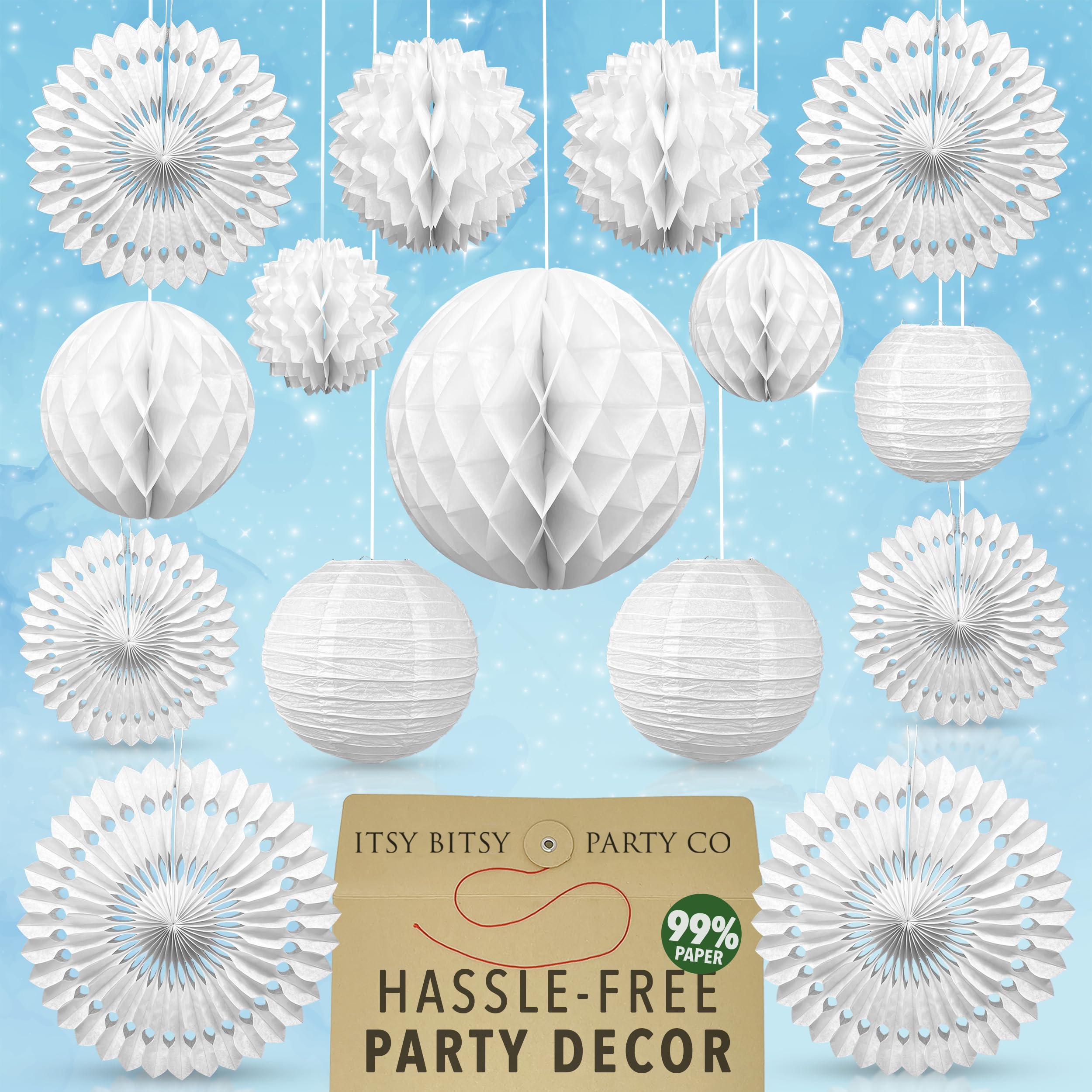 Premium Reusable White Party Decorations - 15pc Paper Decorations for Parties, Birthdays, Weddings, Engagements, Baby Showers - Paper Fans, Pom Poms, Lanterns, Honeycomb Decorations