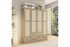 Homsee 4 Door Wardrobe Armoire Closet, Bedroom Cabinet Armoire with Rattan Doors, 5 Drawers, 2 Hanging Bars & Shelves, Light Brown