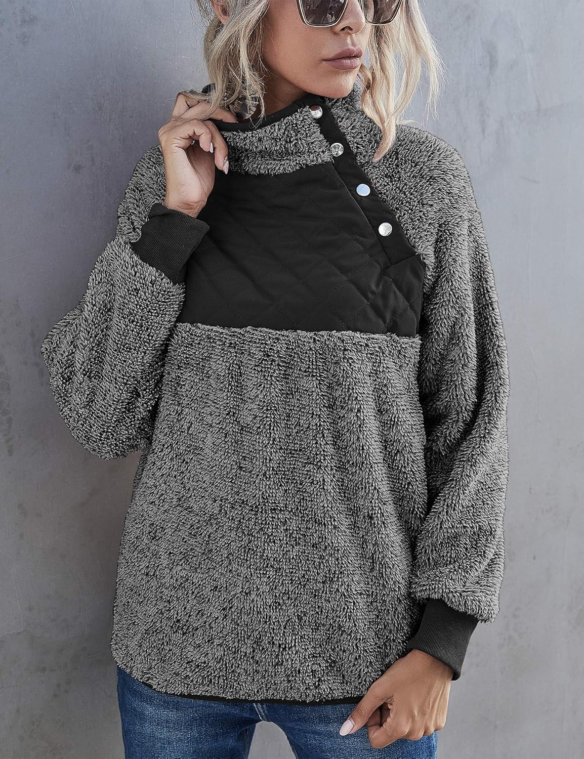 Romanstii Women Fleece Pullover Sweatshirt Oblique Button Neck Long Sleeve Warm Casual Coat Outwear(S-XXL): Clothing