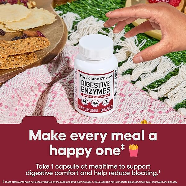 PHYSICIAN’S CHOICE DIGESTIVE ENZYMES – MULTI ENZYMES, ORGANIC PREBIOTICS & PROBIOTICS FOR DIGESTIVE HEALTH & GUT HEALTH – MEAL TIME DISCOMFORT RELIEF & BLOATING – DUAL ACTION APPROACH – 60 CT