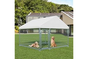 LOTFUN Outdoor Large Dog Kennel 6.6 x 6.6 FT, Heavy Duty Dog Enclosure with UV & Rain-Proof Fully Covered Roof, Rustproof Metal Mesh, Double Security Locks