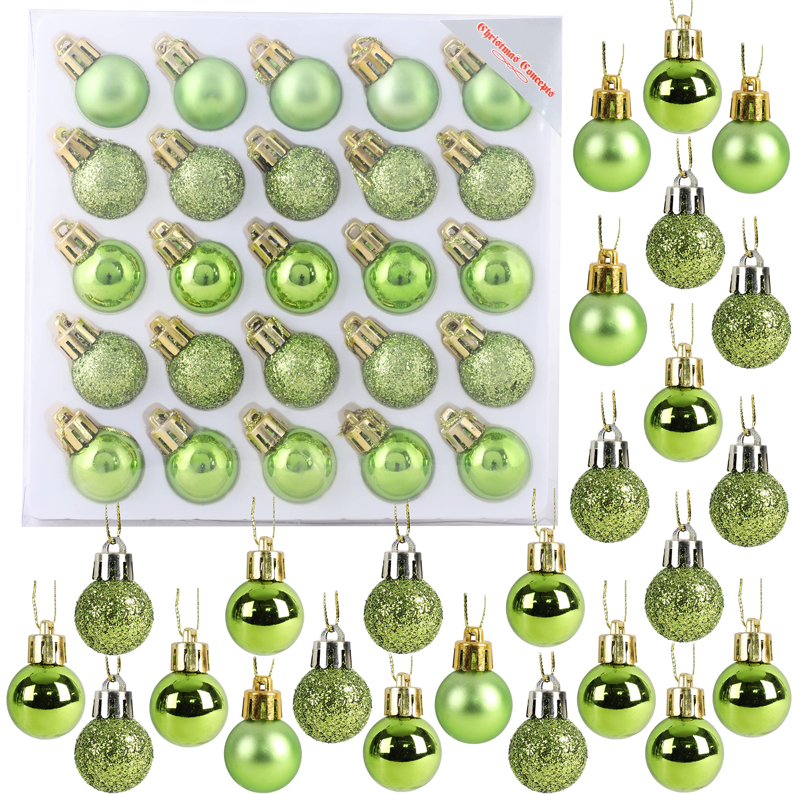 Christmas Concepts® Pack of 25-25mm (1") Mini Christmas Tree Baubles - Shiny, Matte & Glitter Decorated Baubles (Lime Green)