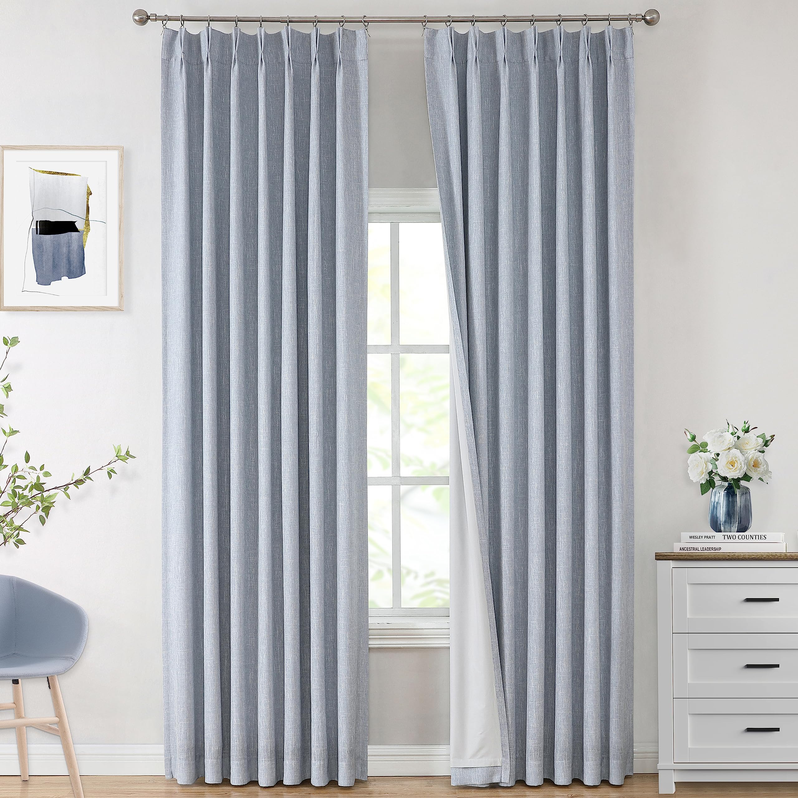 Photo 1 of Vision Home Chambray Blue Pinch Pleated Full Blackout Curtains Room Darkening Window Curtains for Living Room Bedroom Thermal Insulated Pinch Pleat Blue Drapes with Hooks Back Tab 2 Panel 40" Wx102 L