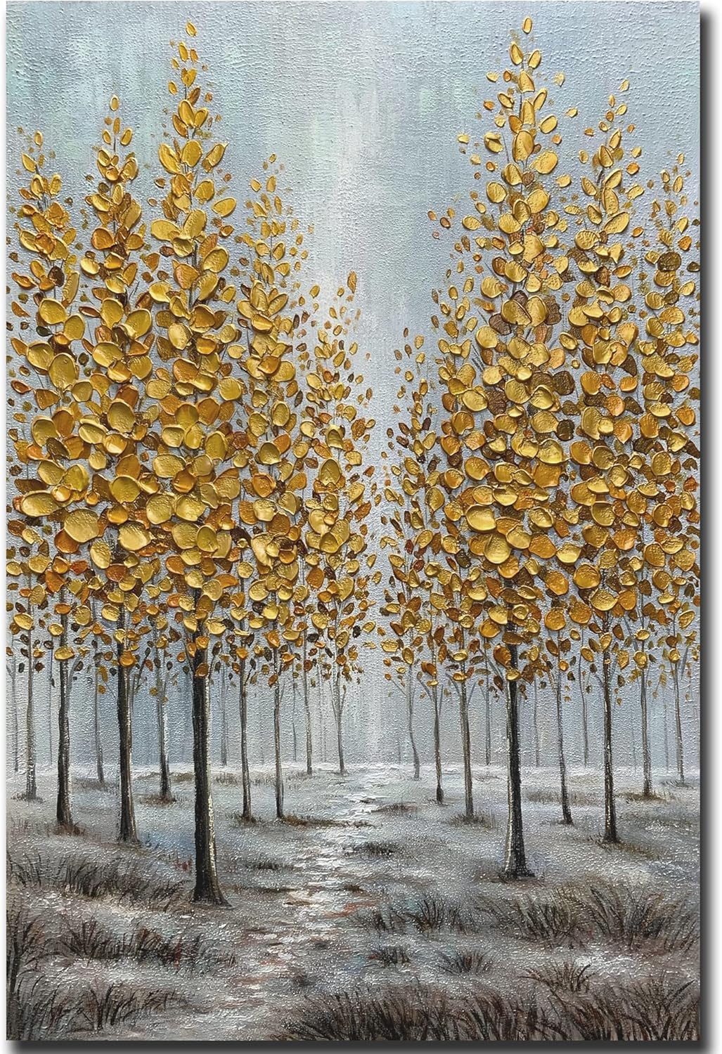Paintings - MUWU Paintings 24x36 Inch Lucky Tree Paintings 3D Abstract Paintings Golden Flower Oil Hand Painting On Canvas Wood Inside Framed Ready to Hang Wall Decoration for Living Room (Blue)