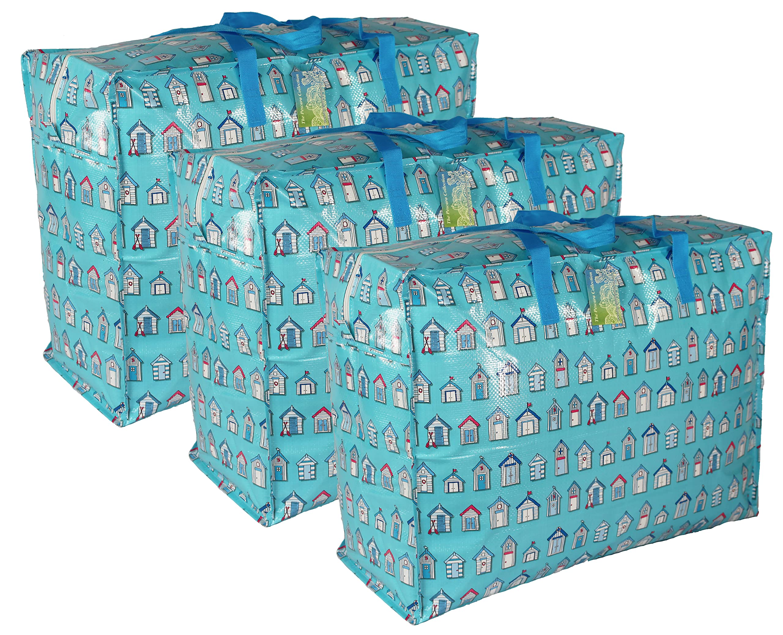 Extra Large Storage Bags Water & Dust Resistant. Double zipped storage bags for toys, laundry, bedding. Underbed Wardrobe Space Saver Blue Beach huts (65 ltr 3x Pack)