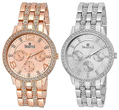 Analogue Women's Watch (Silver & Gold Dial Silver & Rose Gold Colored Strap) (Pack of 2)