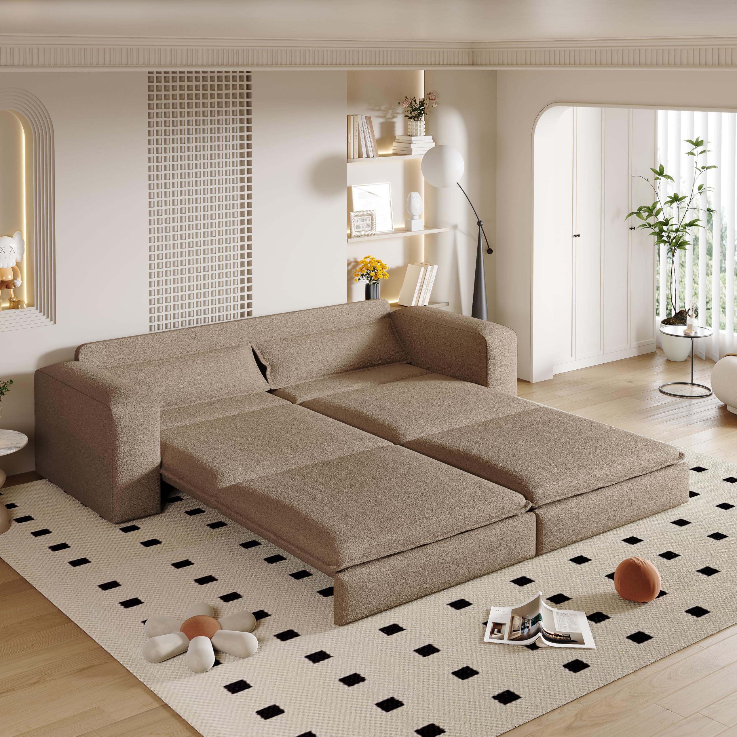 View 1 of *** PARTIAL SET *** KEIKI 93" King Size Sleeper Sofa Bed, 3 in 1 Convertible Sleeper Sofa, Pull Out Sofa Bed, 3 Seat Teddy Couch with 2 Lumbar Pillows for Living Room, Apartment, Office, Studies, Camel