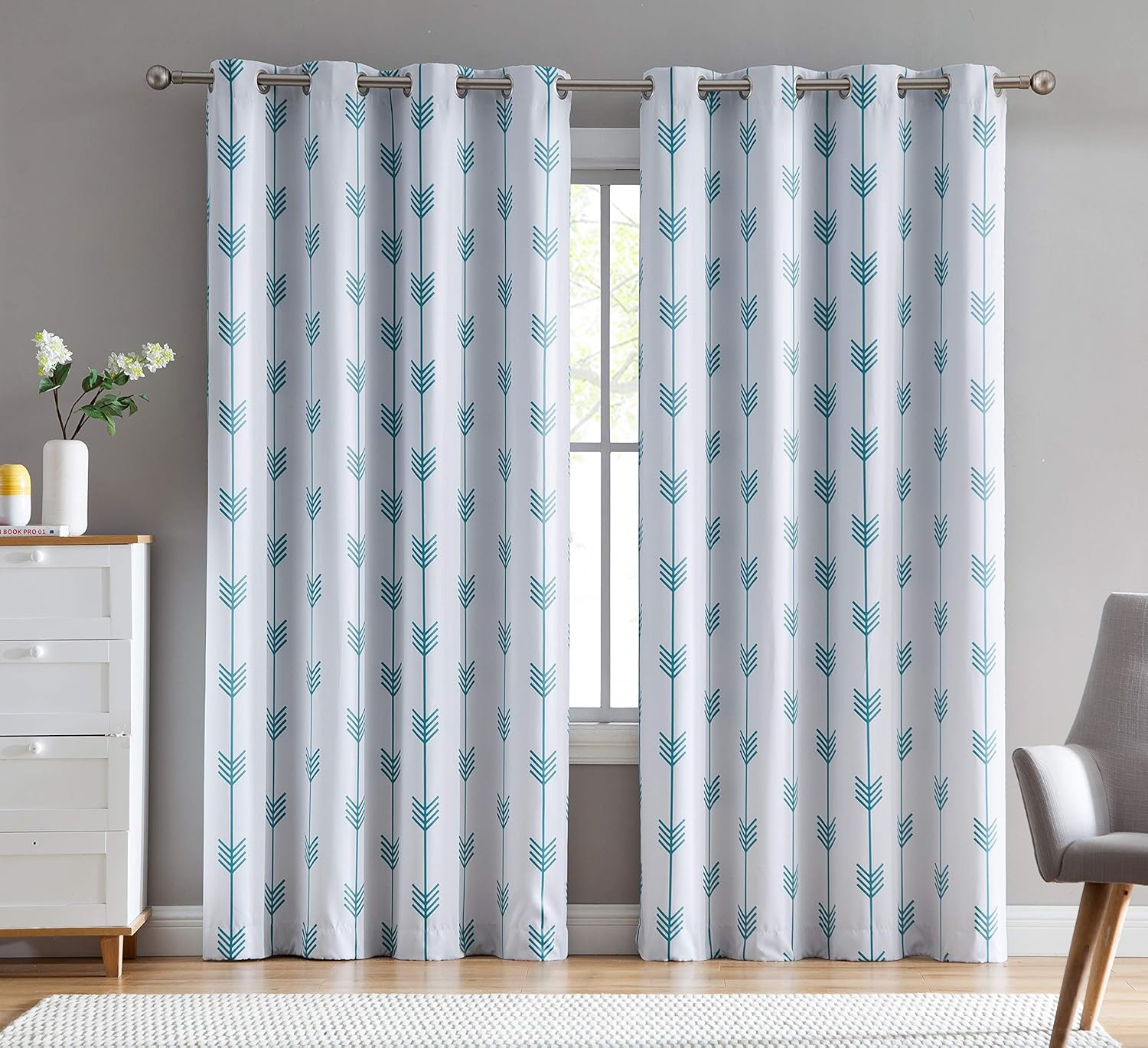 HLC.ME Arrow Printed Blackout Room Darkening Thermal Grommet Window Curtain Drape Panels for Living Room - Set of 2 - Platinum White/Teal Blue - 72 inch Long
