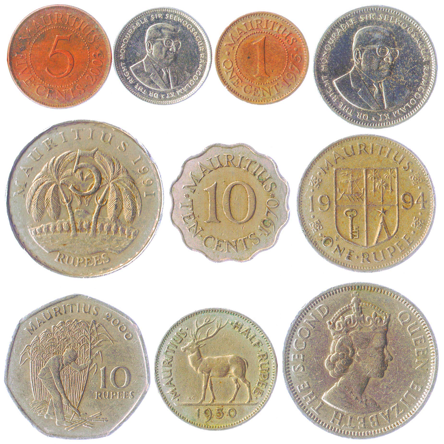 10 Old Coins From Mauritius, East African Mauritian Collectible Coins Rupee. Perfect Choice For Your Coin Bank, Coin Holders And Coin Album