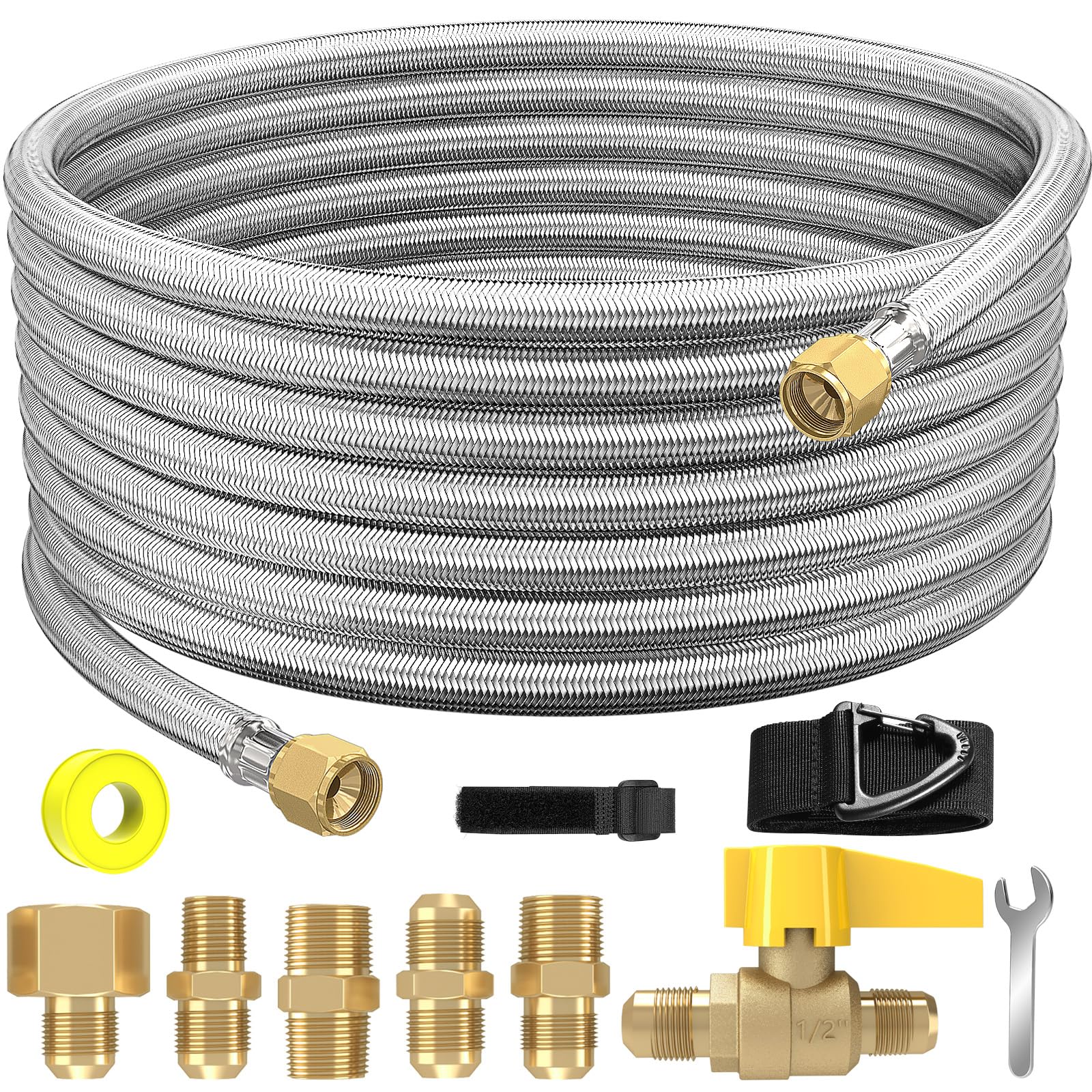 Photo 1 of 20Ft High Pressure Braided Propane Hose Extension with Fittings -Conversion Coupling includes 3/8" Flare to 1/2" Female NPT, 1/4" Male NPT, 3/8" Ball Valve Switch for BBQ Grill, Fire Pit Heater