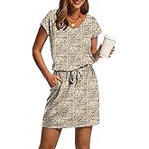 OFEEFAN Summer Dresses for Women 2026 V Neck T Shirt Casual Mini Dresses Tie Waist Sundresses with Pockets