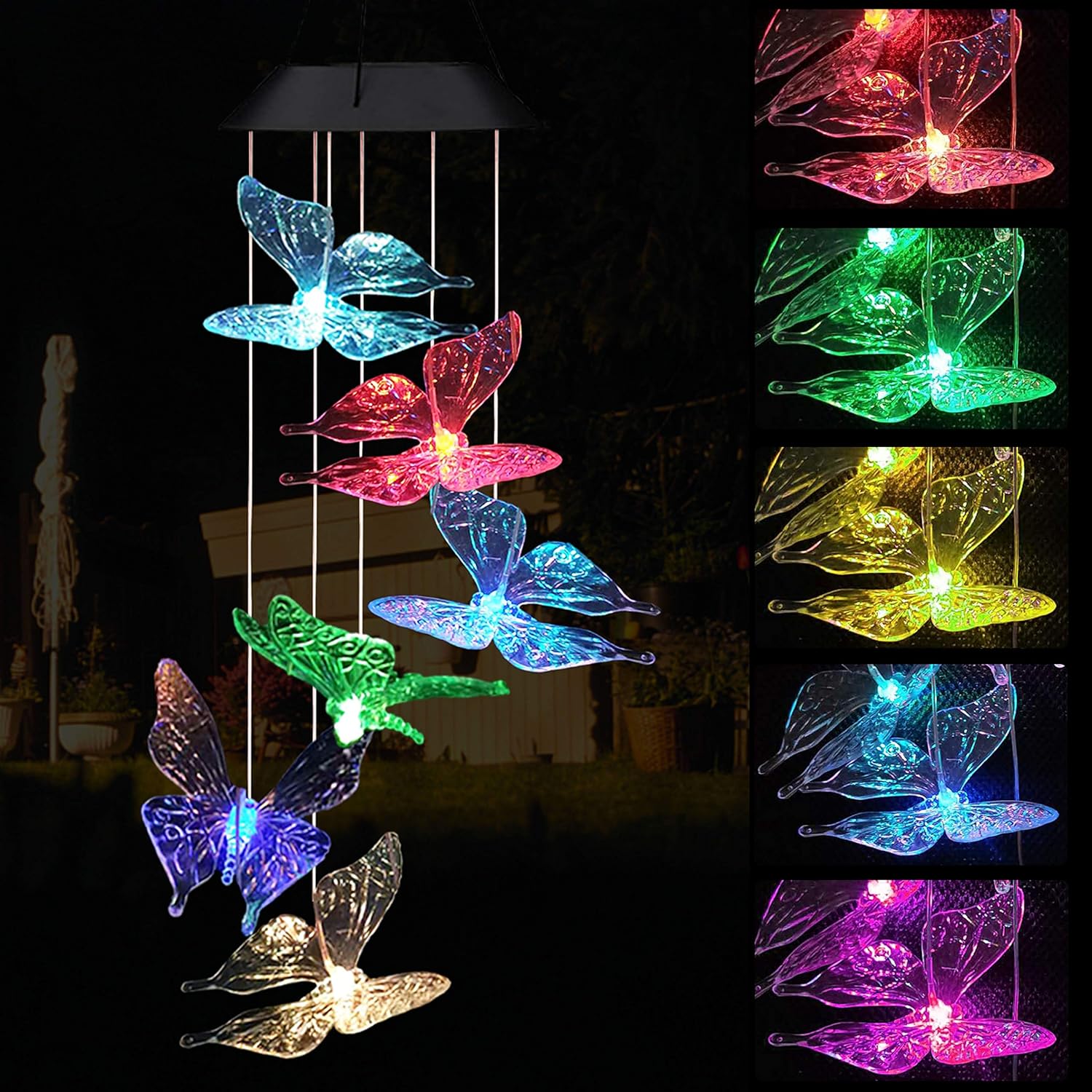 LED Solar Butterfly Wind Chimes Outdoor - Waterproof Mobile Changing Light Color Butterflies Wind Chime Decor, Butterfly Windchime for Home, Gift For Mom, Festival, Night Garden Decoration(blackboard)