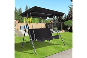 COVERONICS 3-Seat Outdoor Porch Swing, Patio Swing Chair with Adjustable Canopy & Durable Metal Frame, Garden Swings Chair with Removable Cushions for Backyard, Terrace, Lawn,Black