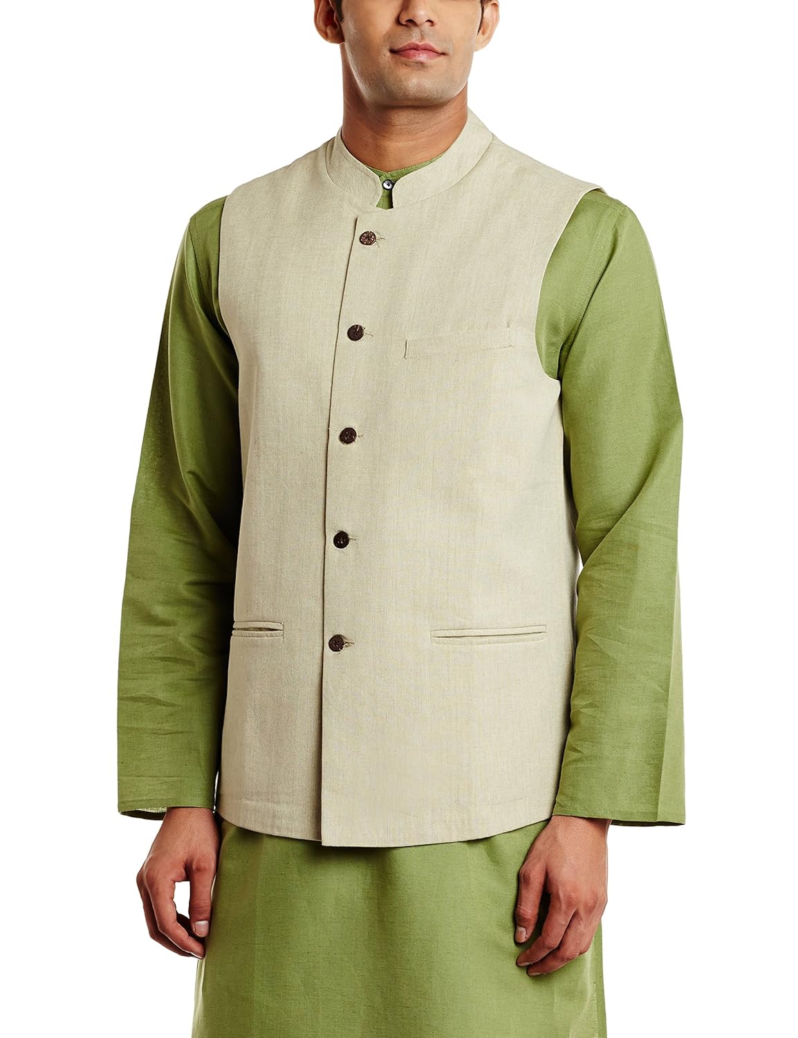 fabindia men's banded collar cotton jacket