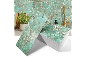 MOONFUN 50-Pieces Thick PVC Subway Tile,4"x 8" Peel and Stick Backsplash Wall Tiles,Turquoise Marble Self-Adhesive Backsplash for Kitchen,Bathroom,Living Rooms,Fireplace,RV(11.11 Sq. Ft. Coverage)