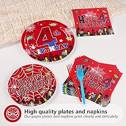 Grencian 96Pcs Spider 4th Birthday Party Supplies
