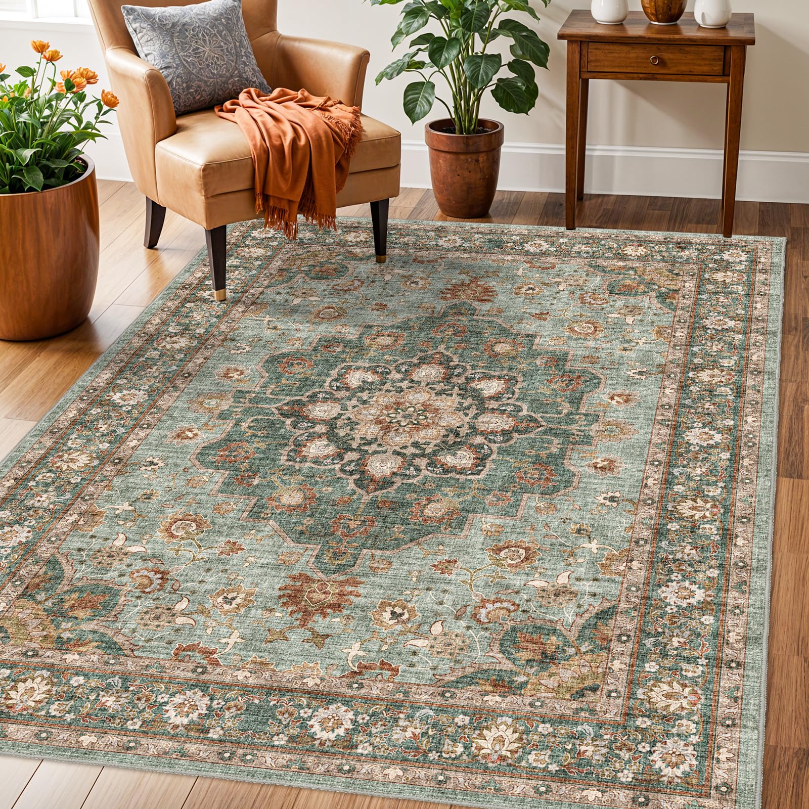 Photo 1 of **DIRT FROM TRANSPORT **TOPRUUG Washable Oriental Area Rug - 3x5 Rugs for Living Room Soft Carpet for Bedroom Waterproof Floral Distressed Indoor Stain Resistant Non-Shedding Floor Carpets (Green, 3X5)