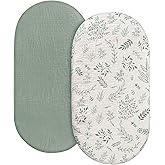 Muslin Bassinet Fitted Sheets, 2 Pack for Baby Boy and Girl, Soft Breathable Stretchy Baby Pad/Mattress Sheet Set, Universal Fit for Hourglass Oval and Rectangle Bassinet Mattress (Bright Leaves)