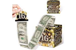 GGJGRPX 16th Birthday Surprise Money Box for Cash Gift Pull, Money Gift Boxes for Cash, Black Gold Money Box for Cash with Pull Out, Surprise Birthday Gift Box - Included 35 OPP Bags