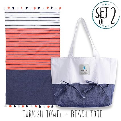 Wetcat Turkish Beach Towel With Matching Beach Tote 100 Cotton Pestemal With Hand Tied Tassels Absorbent Quick Drying Washer Safe Great For