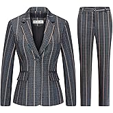 Womens 2 Piece Plaid Suits Set Business Office One Button Blazer Jacket Casual Long Sleeve Pant Suit Set