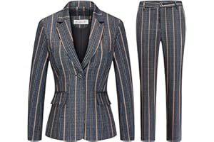 MODFUL Womens 2 Piece Plaid Suits Set Business Office One Button Blazer Jacket Casual Long Sleeve Pant Suit Set