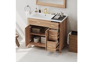 ENSHUI 36" Bathroom Vanity with Sink, Solid Wood Floor Standing Bathroom Vanity Cabinet with 3 Soft Close Drawers, Modern Bathroom Vanities with Adjustable Shelves (Wood)