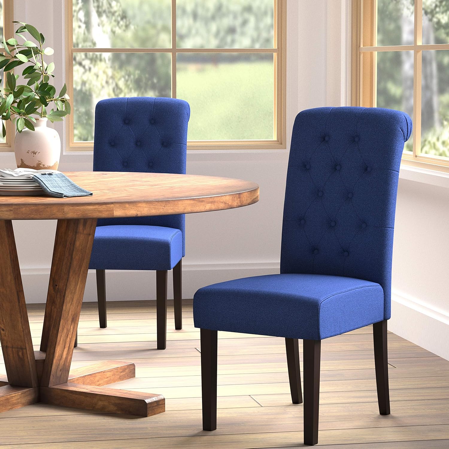 Basics Classic Fabric Tufted Dining Chair with Wooden Legs - Set of 2, Blue: Home & Kitchen