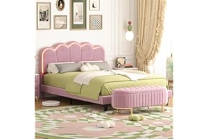 Polibi 2-Pieces Bedroom Sets,Queen Size Upholstered LED Platform Bed with Storage Ottoman-Velvet,Pink