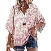 Bebonnie Womens 3/4 Sleeve V Neck Bohemian Peasant Blouses Casual Loose Fit Tunic Tops