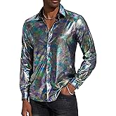 Pixiemain Mens 70s 60s Disco Shirt Metallic Party Costume Long Sleeve Button Down Shirts