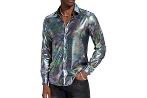 Pixiemain Mens 70s 60s Disco Shirt Metallic Party Costume Long Sleeve Button Down Shirts