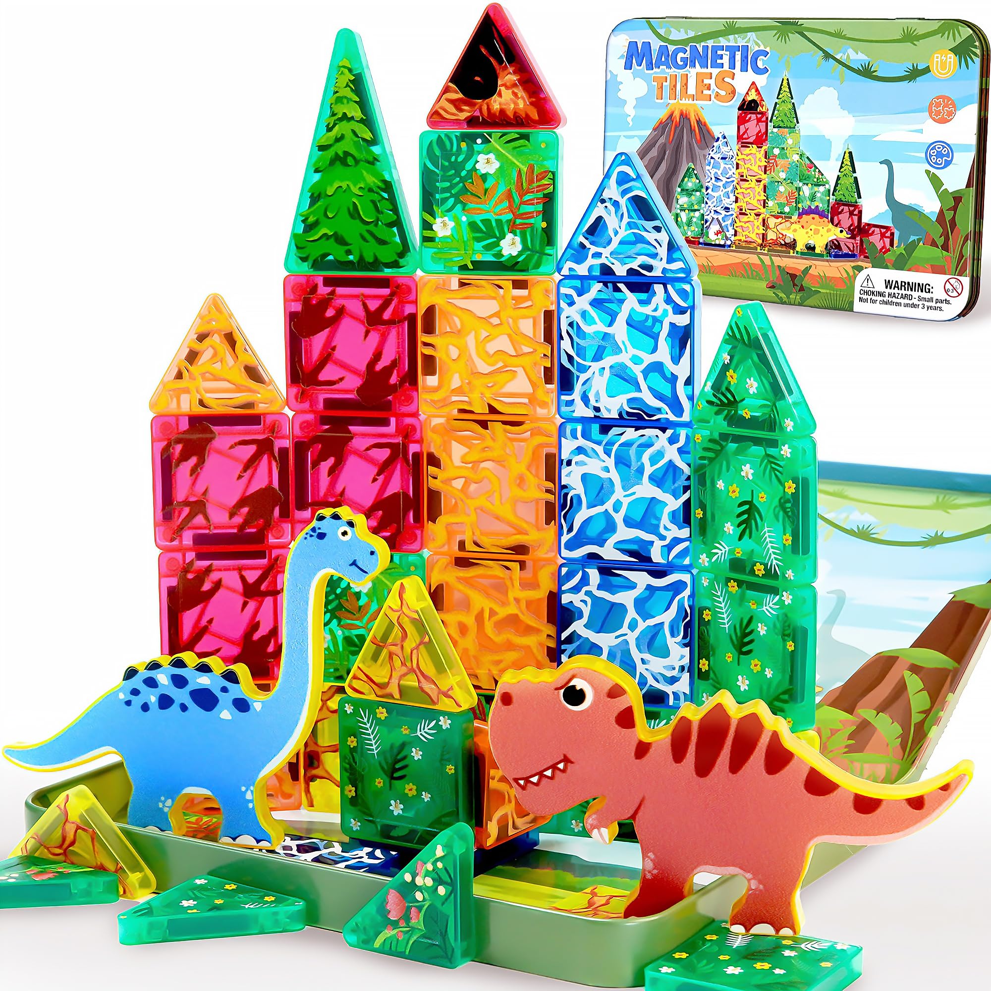 Easter Basket Stuffers Gifts for Kids Boys Toddlers, 36PC Mini Dinosaur Magnet Tiles Set Airplane Travel for Toddler Kids Magnetic Toy Restaurant Activities Road Trip Car Toy for Age 3 4 5 6 7 8 Year
