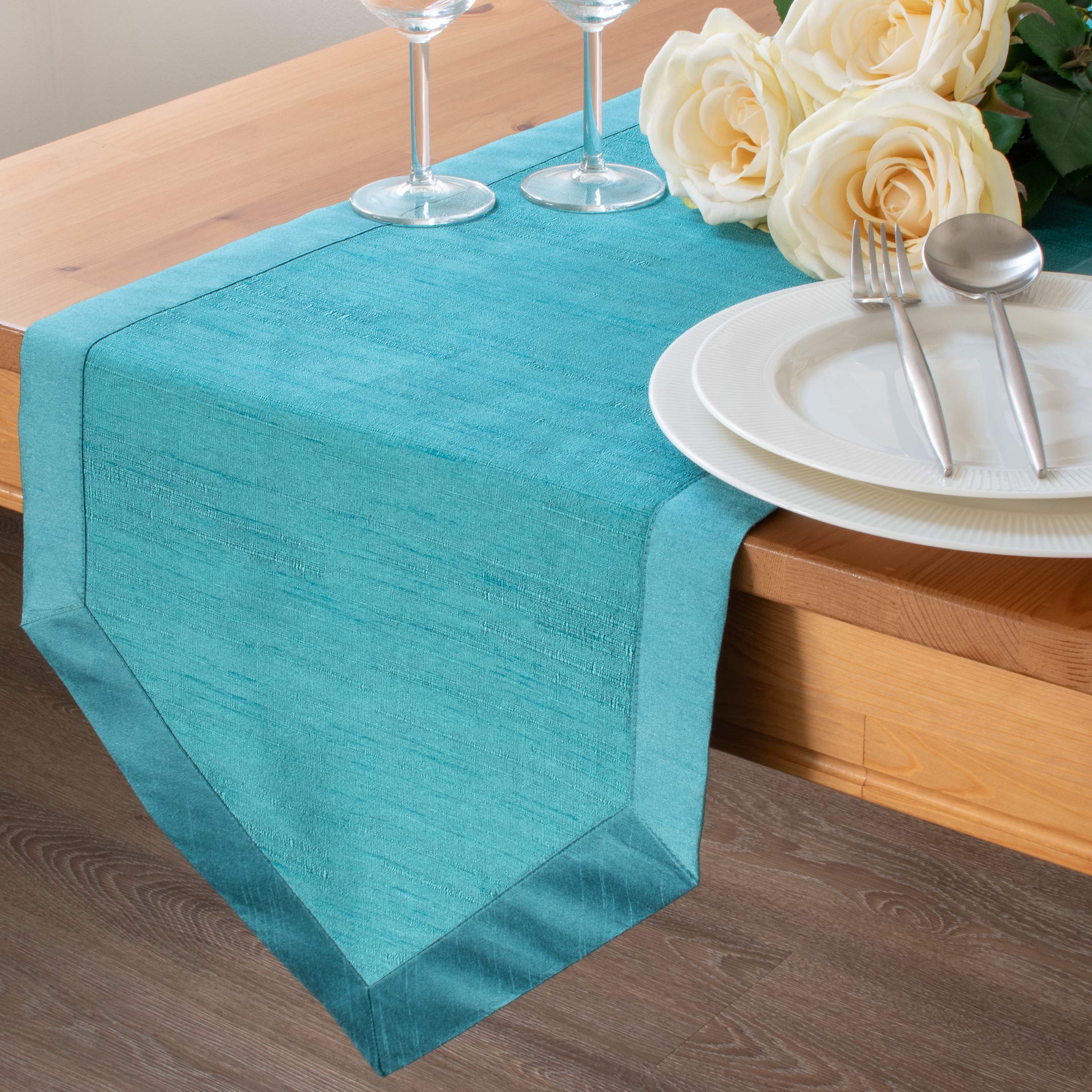 Teal Kitchen Table Runners (Faux Silk, V-End Border, 14x80 inch, Pack of 1)