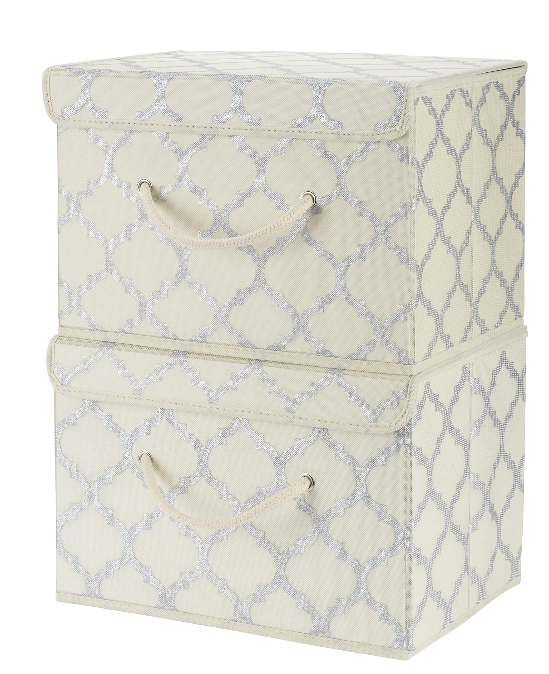Cream/Metallic Fabric Storage Boxes with lids, Stackable and Foldable. For wardrobes, shelves, clothes, bedroom, office, cupboard, keepsake box, crafts, toys, shoes, socks. Rope Handle 2pk 37x25x25cm