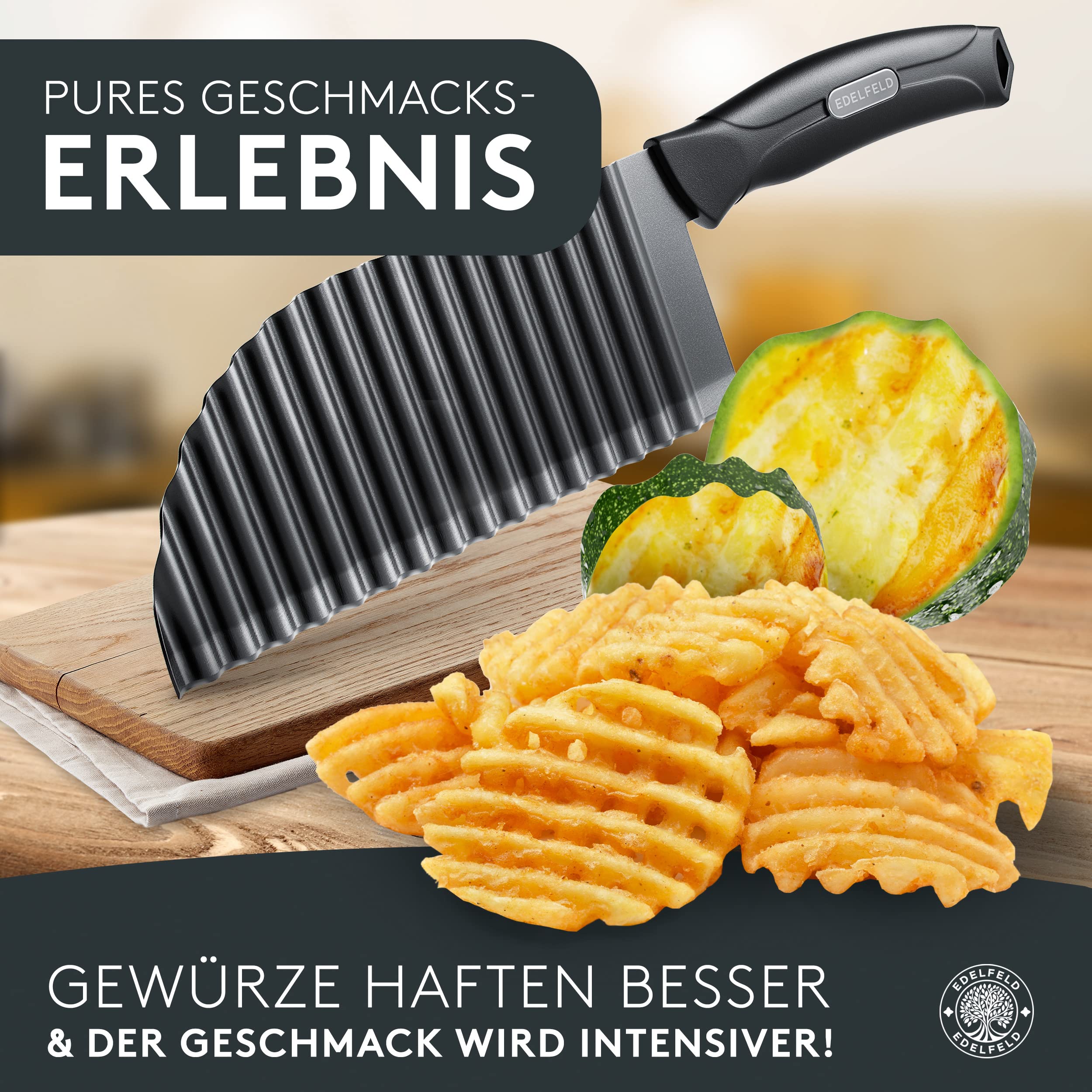 EDELFELD Wellenschneider für Pommes, Obst & Gemüse [TESTSIEGER] - Spülmaschinengeeignetes Wellenmesser mit Titanklinge - Riffelmesser für Erwachsene & Kinder - BLW Wellenschnittmesser aus Edelstahl 4