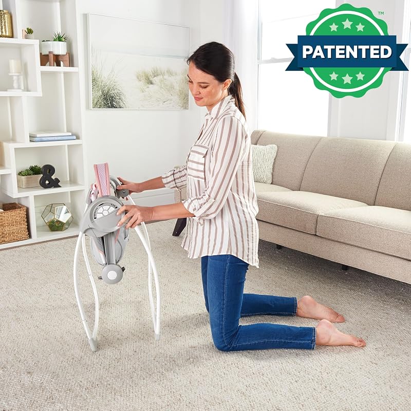 , Columpio Compacto y Plegable Flora el Unicornio, 6 velocidades de balanceo, temporizador, 12 melodías, arco de juegos extraíble, rosa, desde recién nacido hasta los 9 kg, 1 Unidad