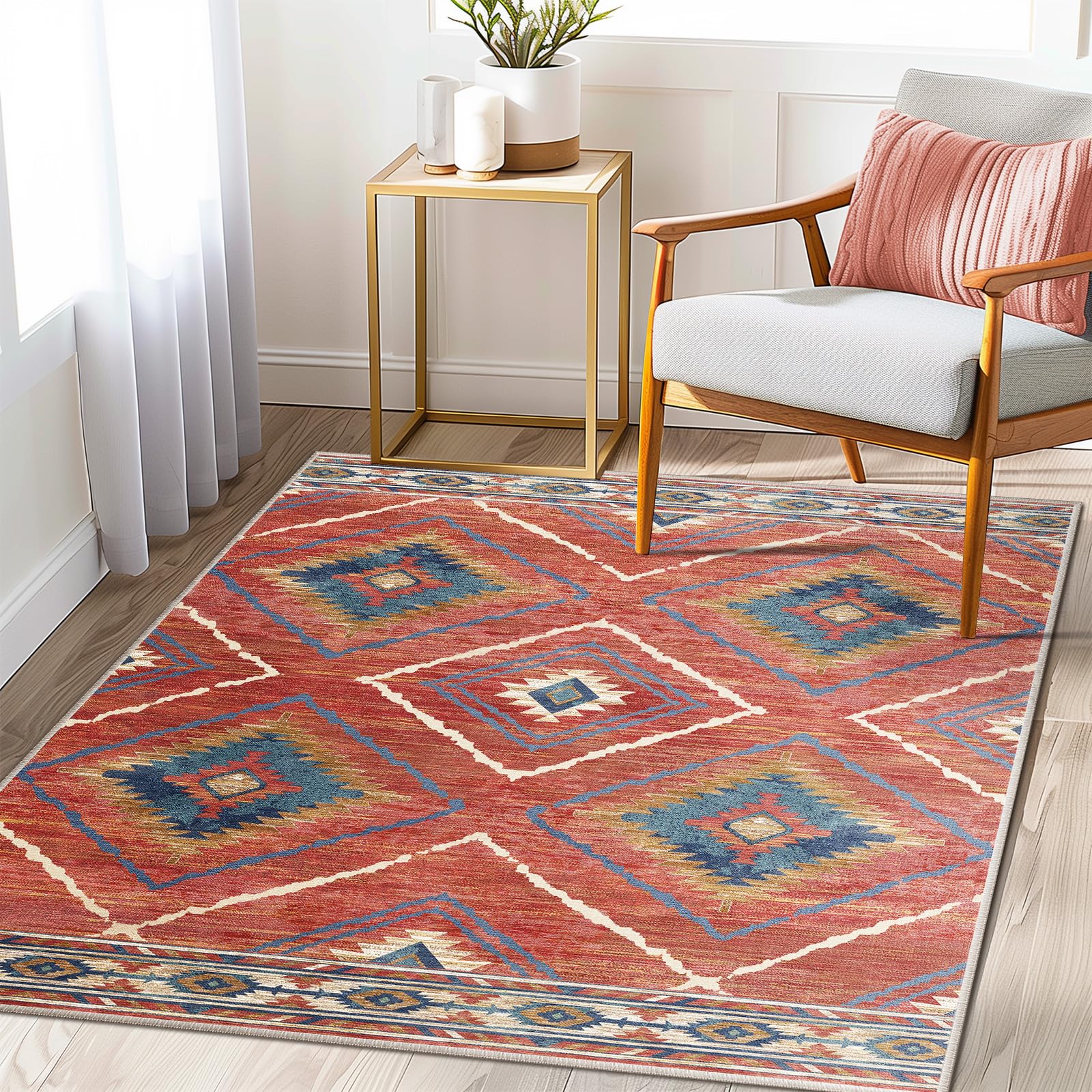 Photo 1 of Area Rug 4x4 Rug Machine Washable Non-Slip Low Pile Print Pattern Western Rug for Living Room Bedroom Entryway Tribal Series -Red/Orange
