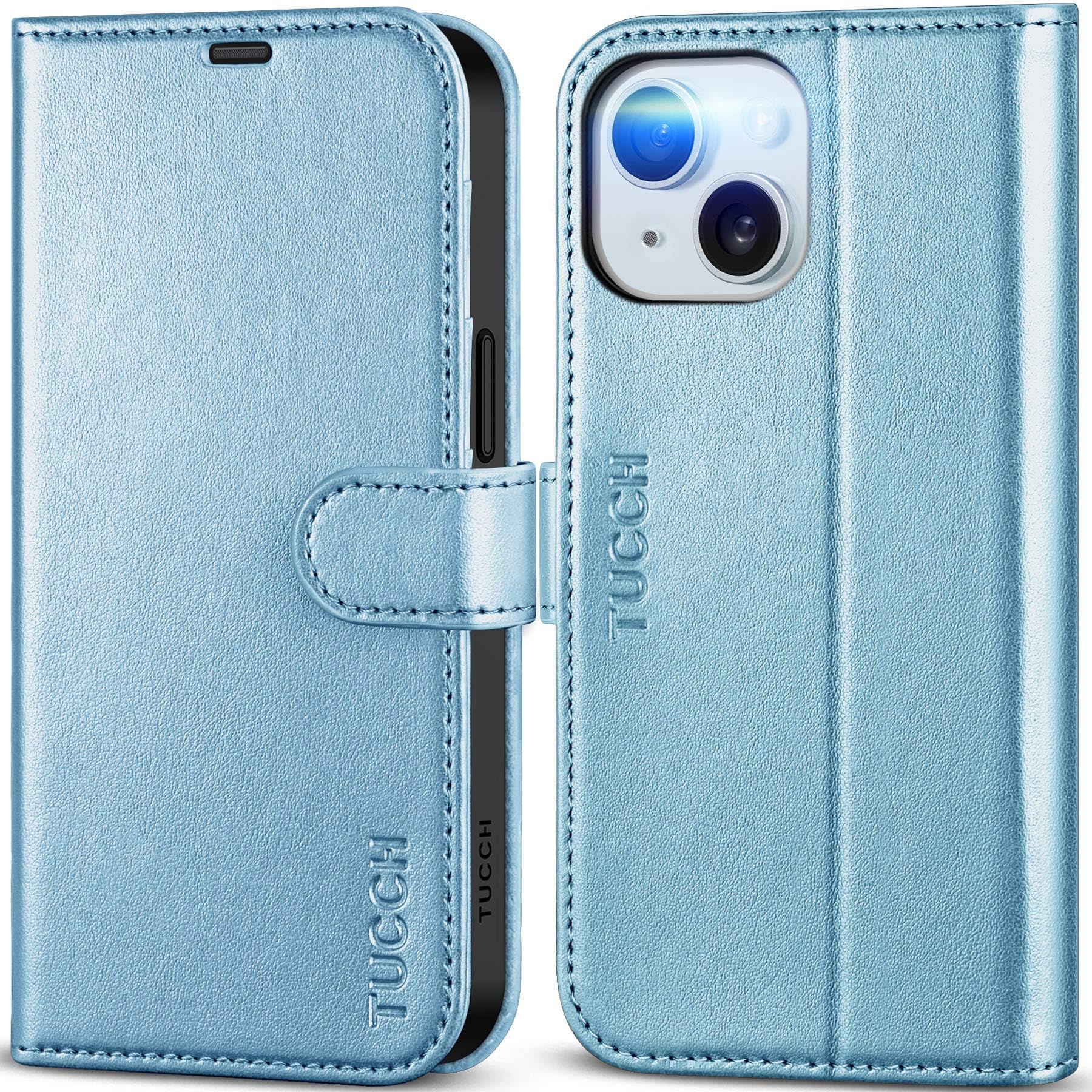 TUCCH Wallet Case for iPhone 15 (6.1") 2023, Magnetic PU Leather Protective Folio Cover with [RFID Blocking][Shockproof TPU][Viewing Stand][Credit Card Slot]Compatible with iPhone 15, Shiny Light Blue — image 1