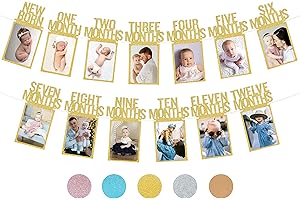 PartyHooman 1st Birthday Photo Banner for Baby from Newborn to 12 Months, First Birthday Decorations for Girl Monthly Milestones Garland | First Photo Banner Pre-strung with Frame (Gold)