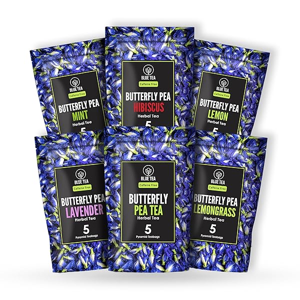 BLUE TEA – BUTTERFLY PEA FLOWER TEA GIFT SET (6 FLAVORS, 30 COUNT – PLANT BASED) | FLORAL FLAVOR | CAFFEINE FREE – NON-BITTER – HERBAL TEA – VARIETY PACK – FLOWER BASED | GIFTS FOR HIM AND HER