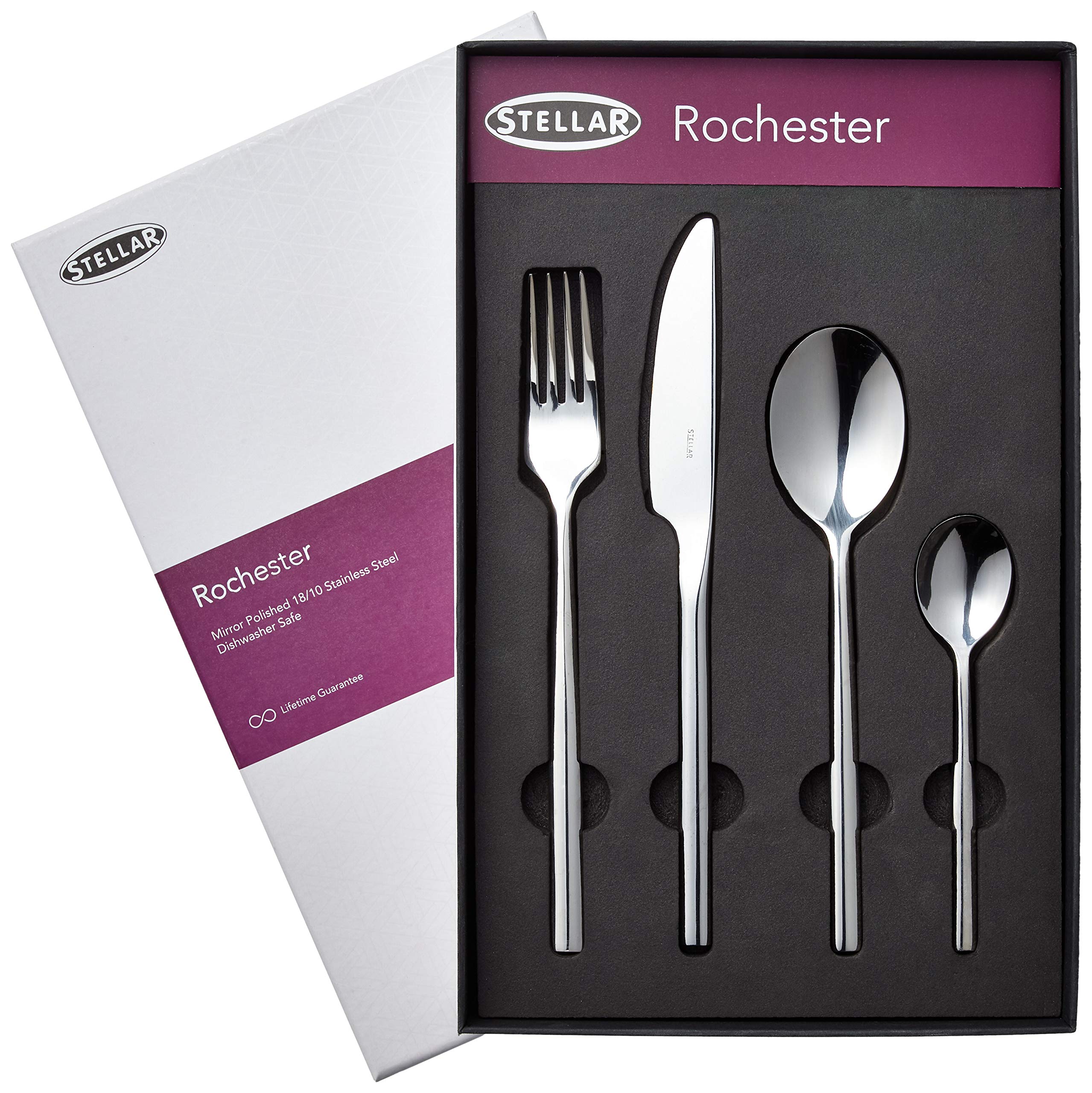 Stellar Rochester 16-Piece Stainless Steel Cutlery Set in Gift Box for 4 People, Dishwasher Safe