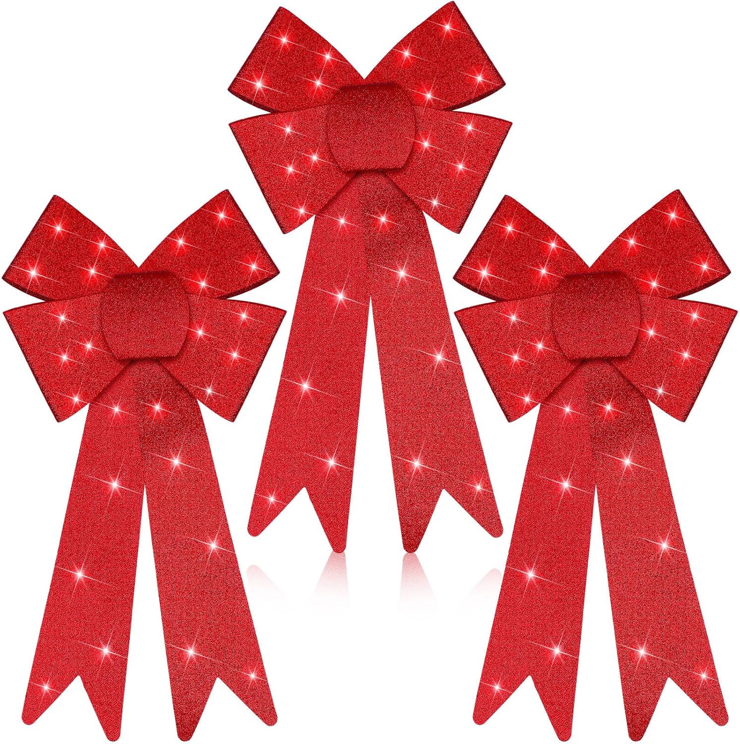 Bows & Ribbons - Liliful 3 Pcs Christmas Led Wreath Bow Lighted Bows 18 x 10 Inch Large Glitter Christmas Tree Topper Ornaments Xmas Tree Topper Decoration for Home Indoor Outdoor Party(Red)