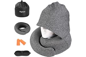 Vzpeun Travel Pillow - Hooded Neck Pillow Airplane, Memory Foam Pillow for Plane, Office, Cars Sleeping, Long Flight Must Haves, Road Trip Essentials Accessories for Adults (Dark Gray)