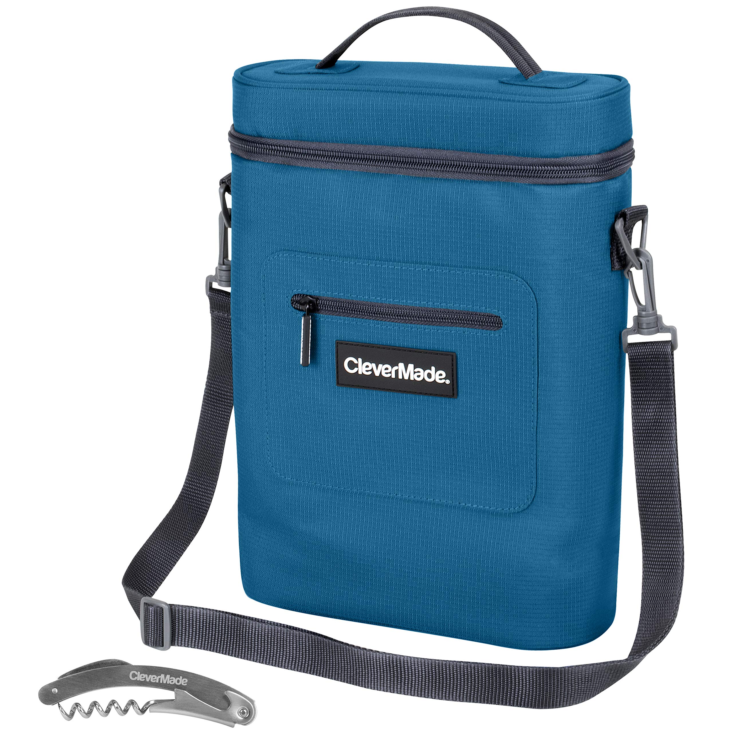 CleverMade Wine Bottle and 6 Pack Cooler Bag; Insulated Leakproof Tote with Removable Ice Pack and Corkscrew Bottle Opener