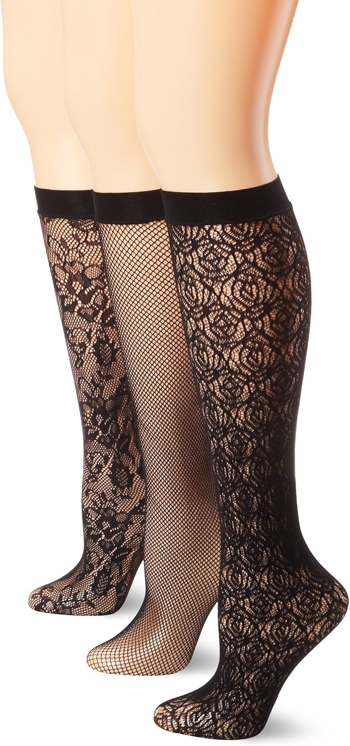 Ellen Tracy Women's 3 Pack Net Floral Trouser Socks, Black/Black/Black, One Size at Amazon Women