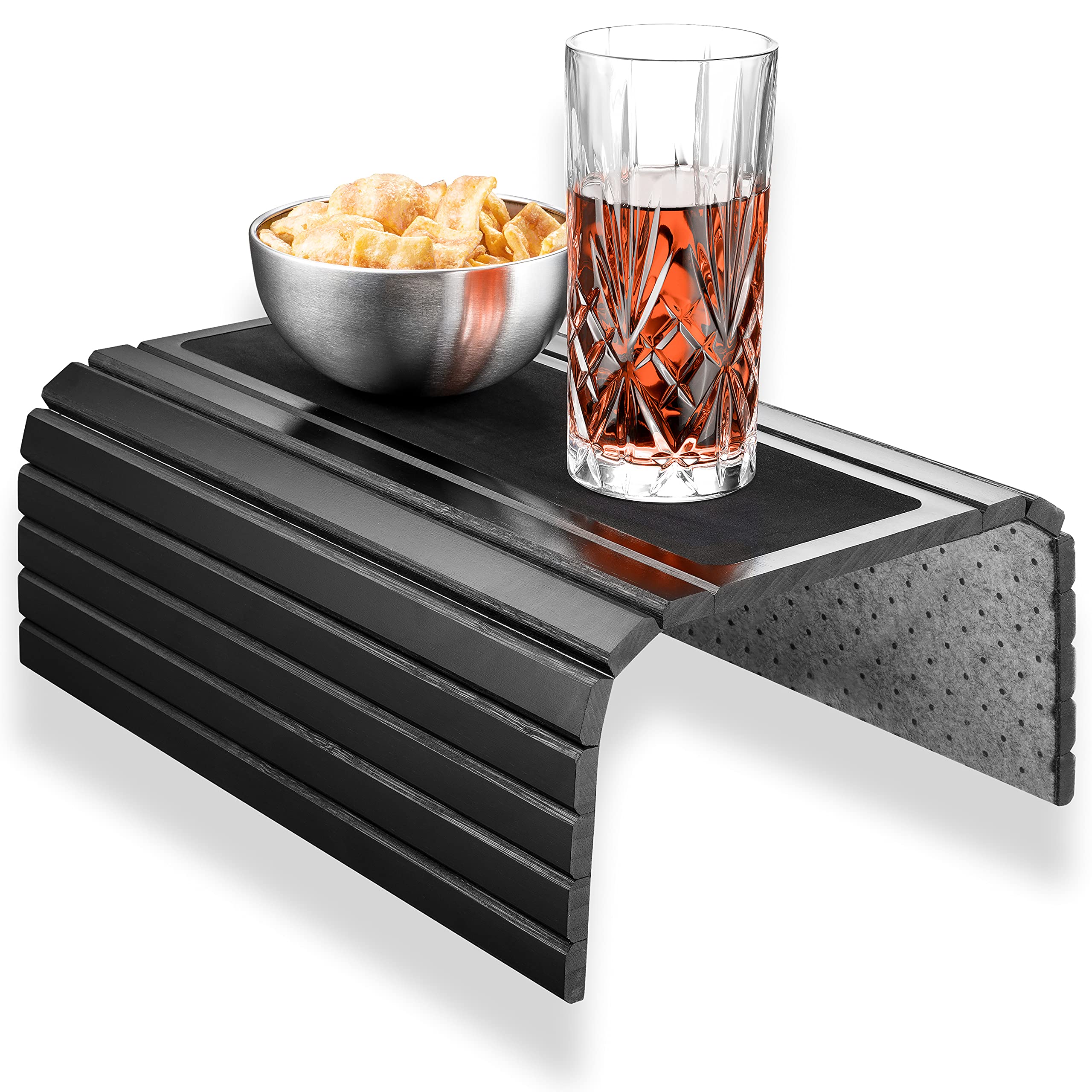 Heimelig Sofa Tray, Non-Slip Couch Shelf Made of Sustainable Bamboo, Flexible Sofa Butler for Armrests with Integrated Non-Slip Pad, Modern Serving Tray, Drink Holder in Black